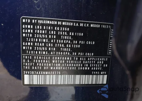 2022 Volkswagen Tiguan 2.0T Se z USA, uszkodzony, nr VIN 3VV3B7AXXNM024775